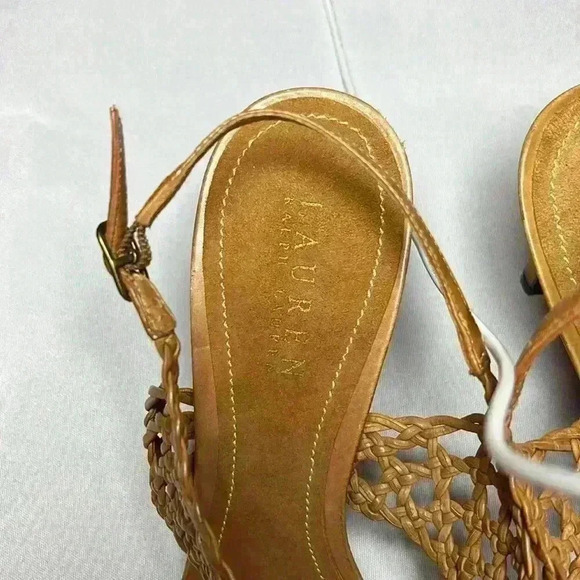 Lauren Ralph Lauren Nadia Brown Tan Leather Woven Sandal Strap Heel Womens Sz 9B - Picture 5 of 10